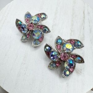Bogoff 50s MCM pastel Aurora Borealis Rhinestone spring Flower Clip On Earrings